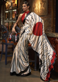 Off White & Red Printed Crepe Saree