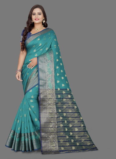Green & Gold-Toned Woven Design Zari Art Silk Half and Half Banarasi Saree