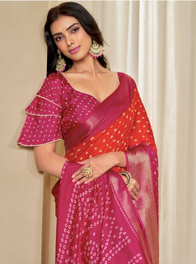 Kalini Women Dola Silk Bandhani Print Zari border Saree