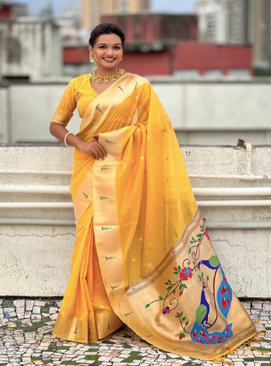 Floral Woven Organza Paithani Saree – Perfect for Weddings & Parties