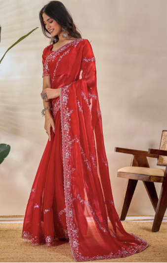 Embellished Embroidered Tissue Heavy Work Tussar Saree