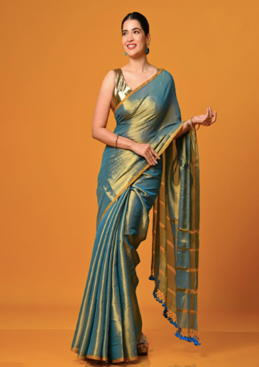 Blue and orange saree Solid saree with no border border