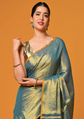 Blue and orange saree Solid saree with no border border