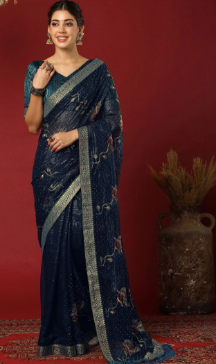 Embellished Embroidered Poly Georgette Heavy Work Saree