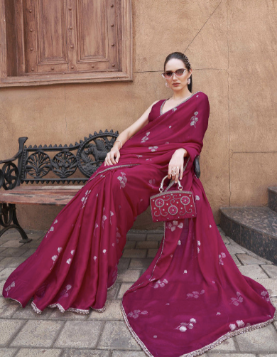 Floral Printed Satin Saree with Embellished Lace Border