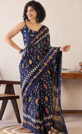Ethnic Motifs Poly Cotton Ready to Wear Ikat Sarees