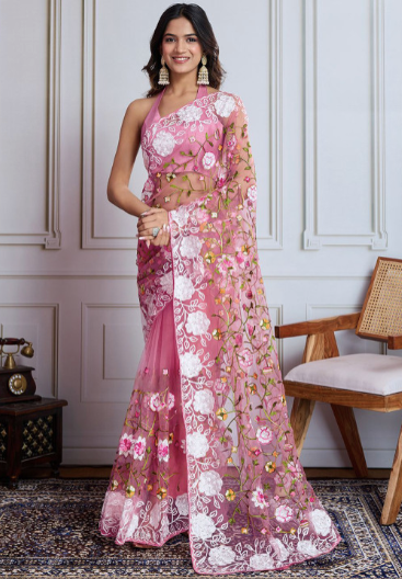 Floral Embroidered Work Saree With Blouse Piece