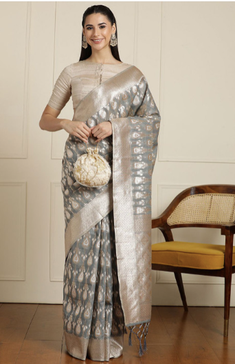 Geometric Woven Design Muga Saree With Blouse Piece