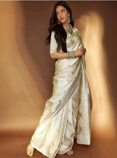 Woven Design Zari Silk Blend Handloom Banarasi Saree