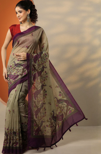 Ethnic motifs printed saree with printed border