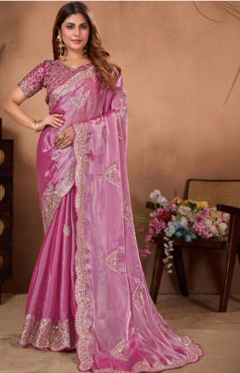 Embellished Embroidered Tissue Heavy Work Tussar Saree