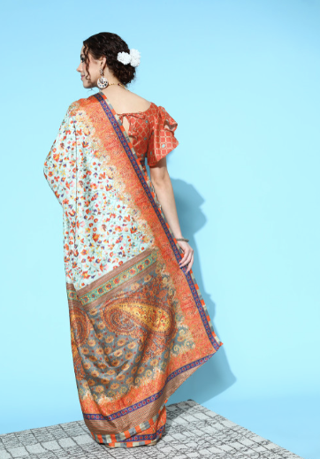 Woman wearing a colorful saree with a blue background