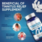 Tinnitus relief supplement bottle with text and images on a blue background
