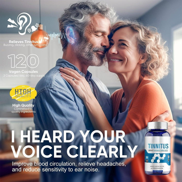 Advertisement for Tinnitus relief capsules with a couple embracing in a home setting.
