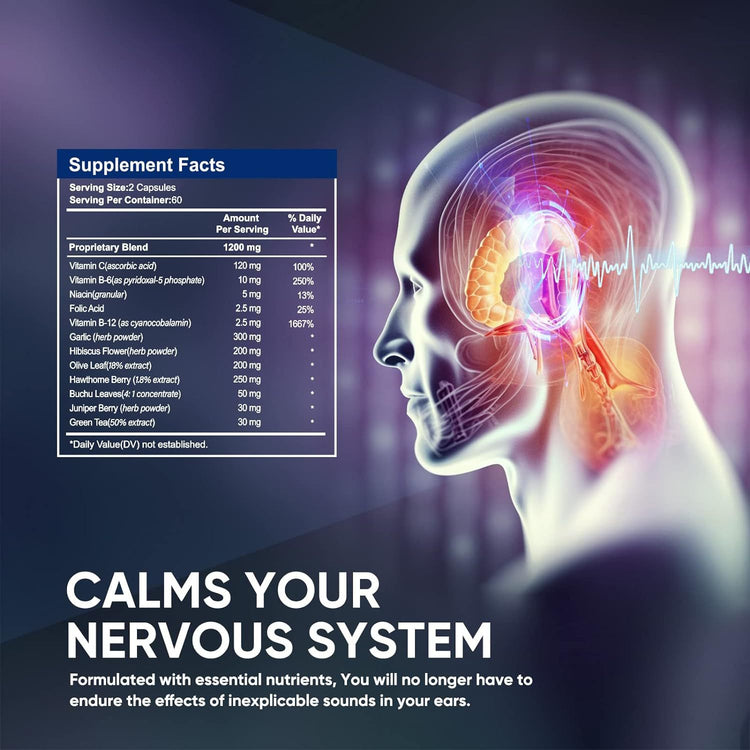Supplement facts panel with a human head and nervous system illustration on a dark background.