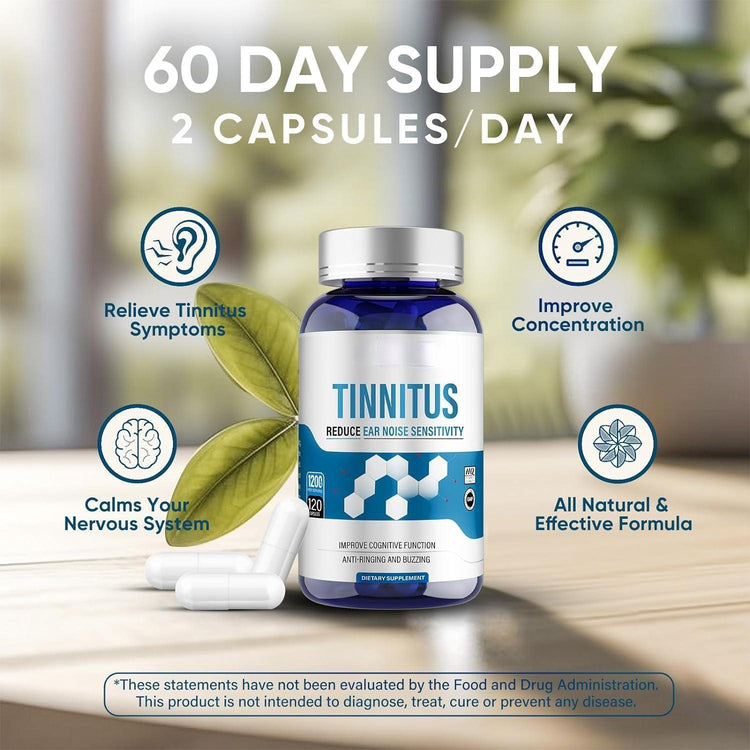 Bottle of Tinnitus relief capsules with product features on a blurred natural background