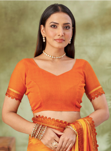 Woman wearing an orange traditional outfit with a green background