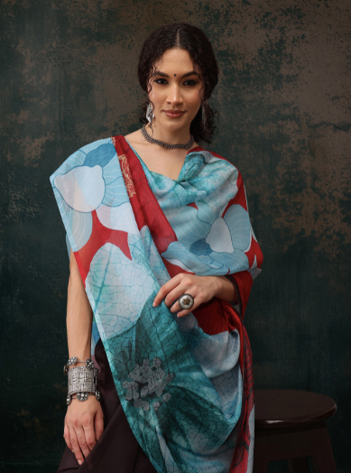 Woman wearing a colorful scarf with abstract patterns against a dark background