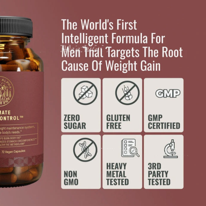 Supplement bottle with certification icons on a maroon background