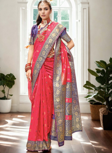 Woman in a vibrant pink saree with gold patterns indoors.