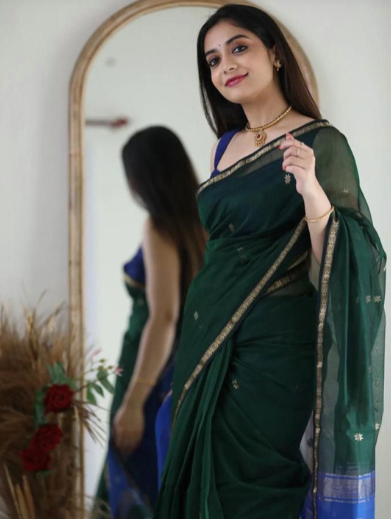 Woman in a green saree standing in front of a mirror.