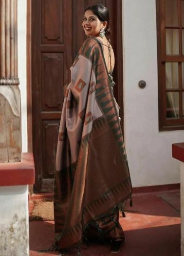 Woman in a saree standing in a room with wooden doors and a window.