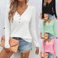 Waffle V-neck Buttons Long Sleeve T-shirt