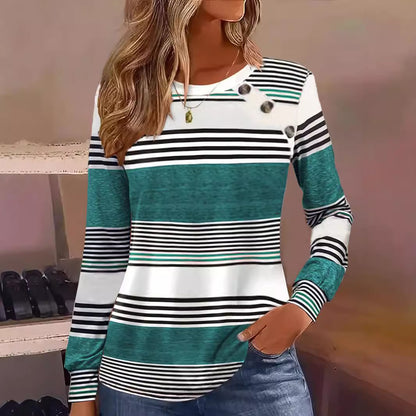 Casual Button Striped Long Sleeve Women&
