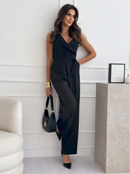 V-neck Sleeveless Jumpsuit With Belt Design Summer Fashion Trousers Women&