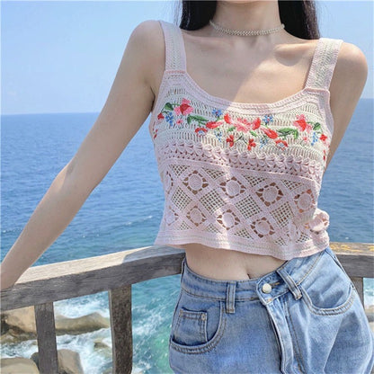 Hollow Knitted Short Inner Knitted Embroidery Sexy Small Sling Vest