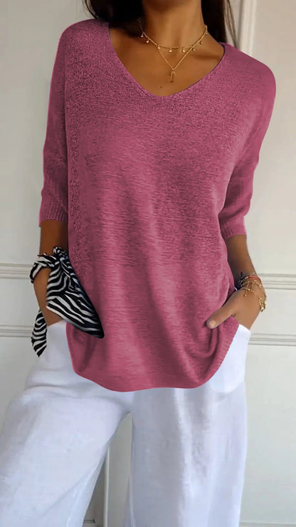 Solid Long Sleeve Sweater Slimming V-neckline Knitwear Women&