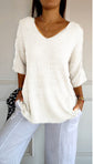 Solid Long Sleeve Sweater Slimming V-neckline Knitwear Women&