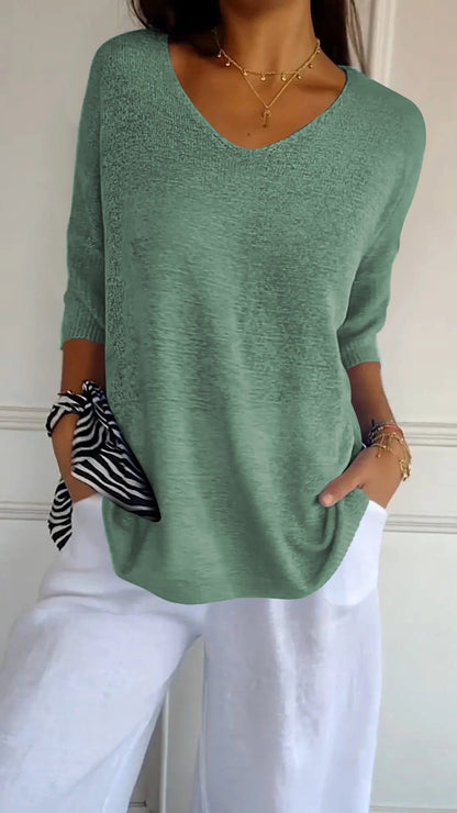Solid Long Sleeve Sweater Slimming V-neckline Knitwear Women&