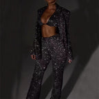 3pcs Shiny Long-sleeved Suit With Bra Lapel Blazer And Straight-leg Trousers Fashion Party Jacket Set For Women Clothing