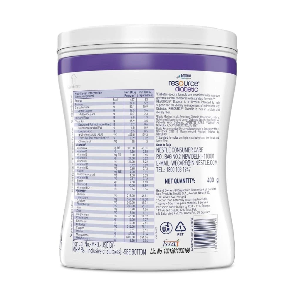 4 X Nestle Resource Diabetic Powder - Vanilla Flavour 400 gm Pet Jar