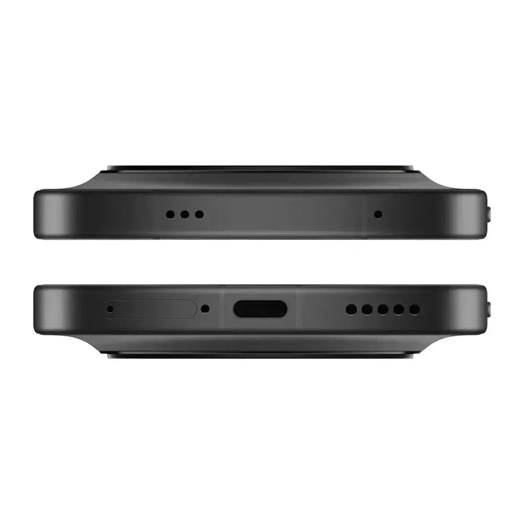 Top and bottom views of a black electronic device on a white background